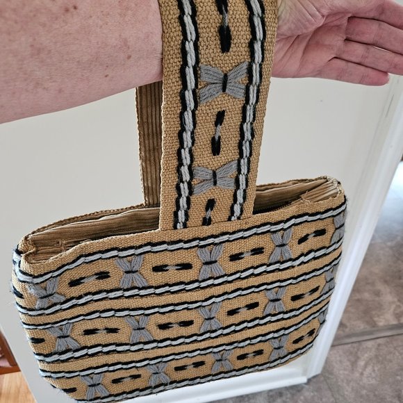 Vintage 1970's Hand Embroidered Burlap and Corduroy Purse - Picture 2 of 8